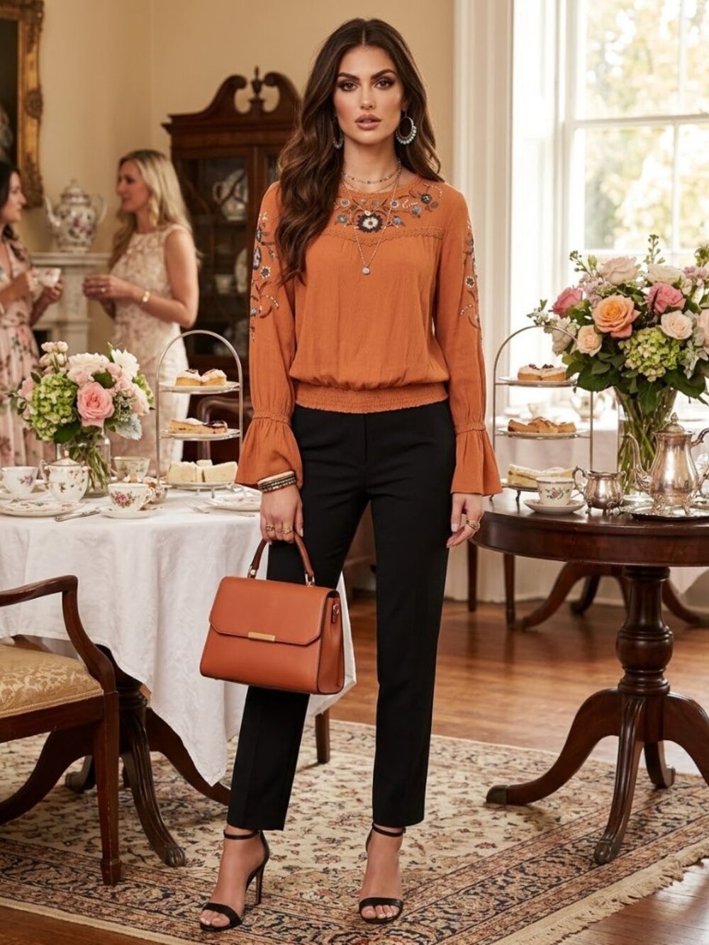 Xhilaration Cinnamon Shade Flare Sleeve Embroidered Elastic Waistline Blouse